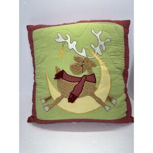 Coldwater Creek Happy Reindeer On Moon Holiday Throw Pillow 16" Embroidered